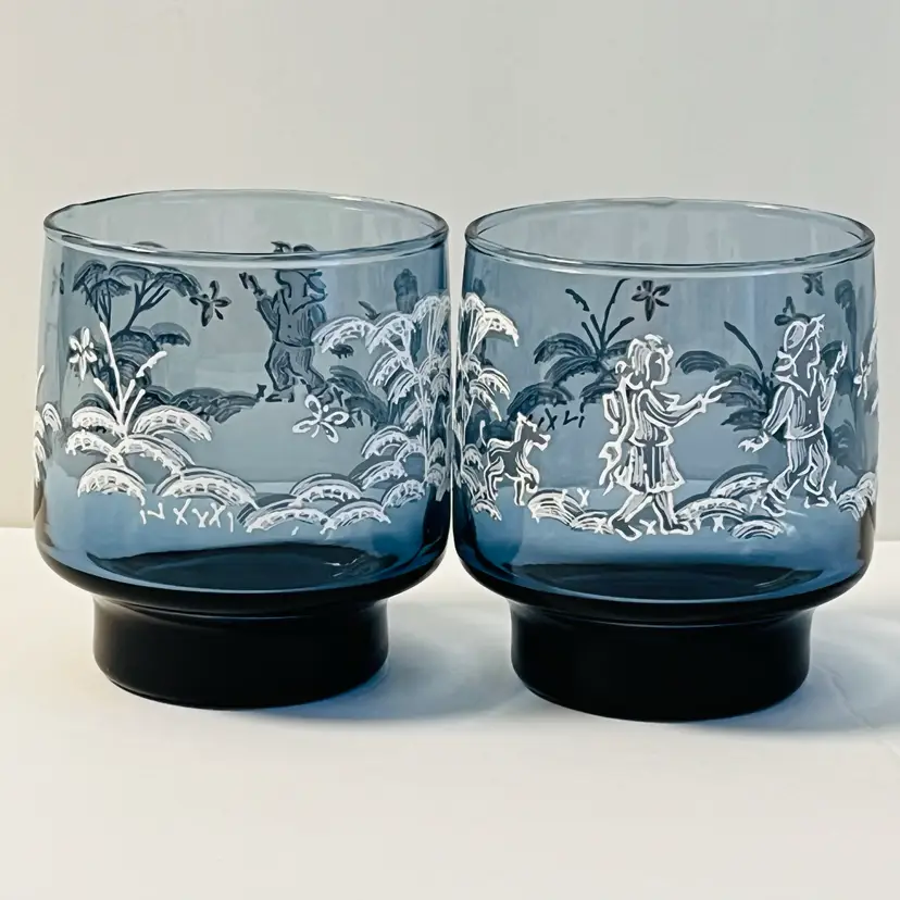 Libbey Mary Gregory Blue Short Rocks Juice Tumblers Drinking Glasses Set of TWO