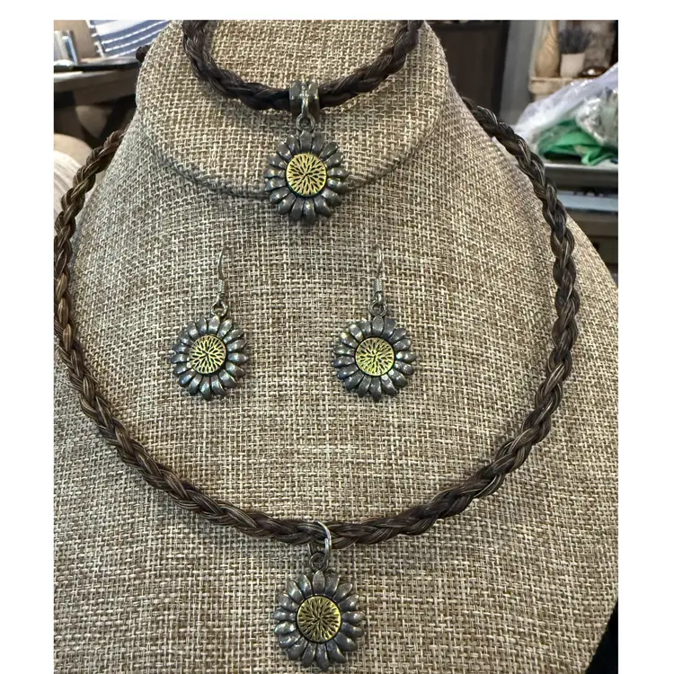 Sunflower Braided Horse Hair Bracelet Earrings Necklace Set Cowboy Collectibles