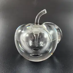 Clear Crystal Apple / Peach Perfume Bottle w Stem Stopper/Dropper Hand Made Fruit Langham Glass House Studio w Original Label - England