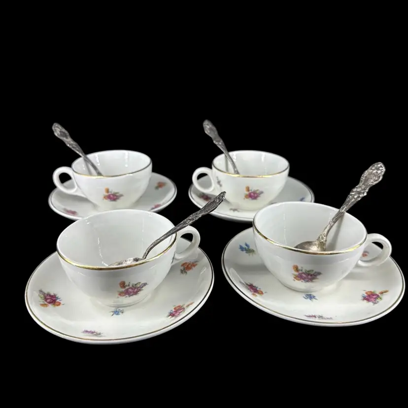 Set 4 Vintage Warwick China Cup & Saucer W Tea Spoons