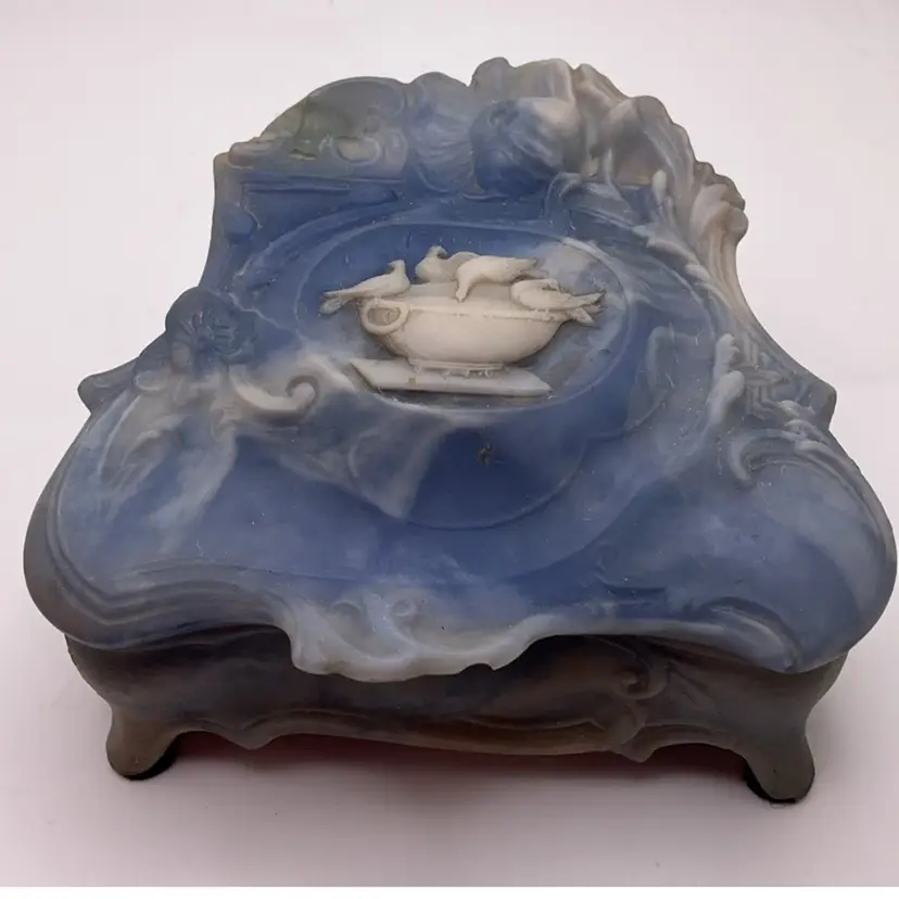 VTG Blue Incolay Stone Trinket Box with Hinged Lid and Birds 4" x 4.5"