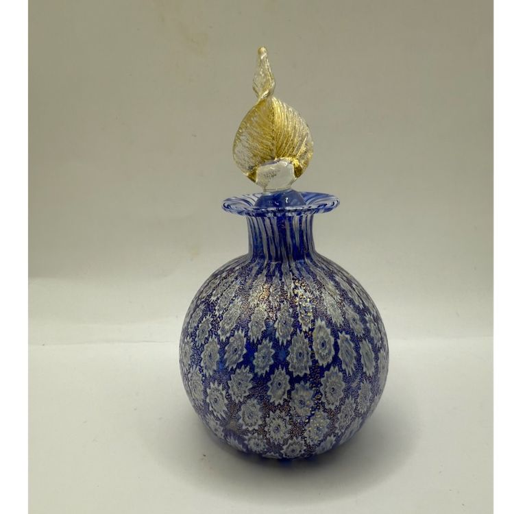 Murano Gold Foil Blue & White Millefiori Art Glass Perfume Bottle w/ Leaf Stopper 4.75”