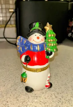 Snowman Trinket Jewelry Box Winter Top Hat Scarf Christmas Tree Hinged Lid