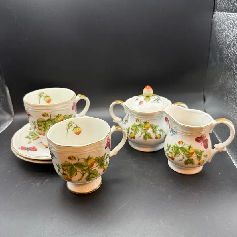 Lenwile Ardalt Hand-Painted Porcelain Tea Set With Strawberries And Butterflies Marked 9419