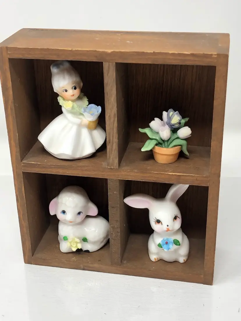 Miniature Wooden Shadow Box with Mini Springtime Figurines