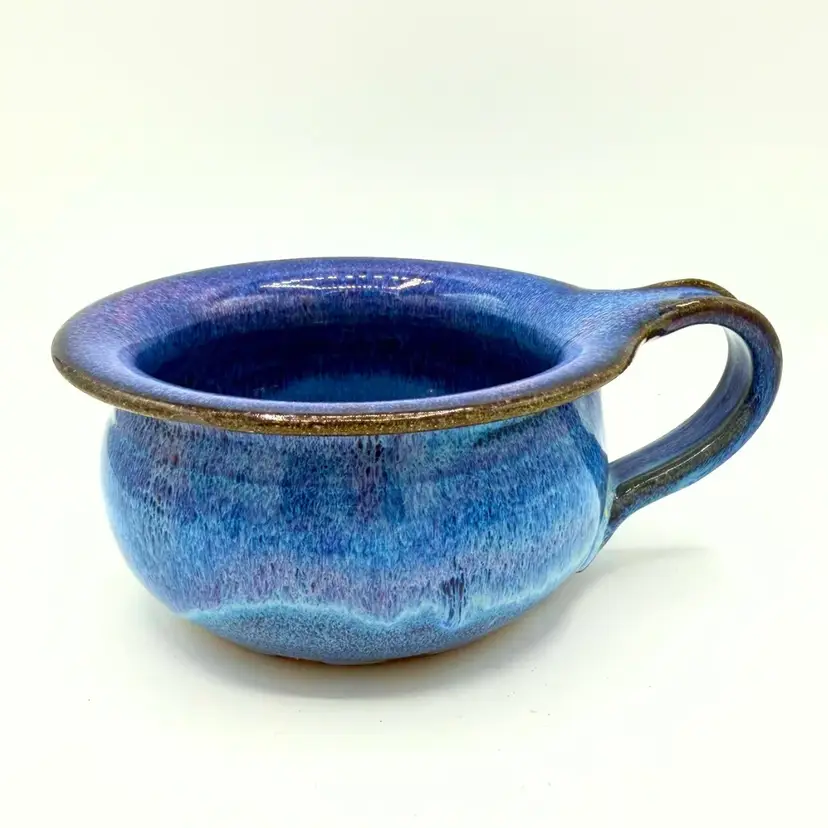 Vintage Blue Pottery Soup Crock Bowl w/ Handle Studio Stoneware Rustic Ceramic