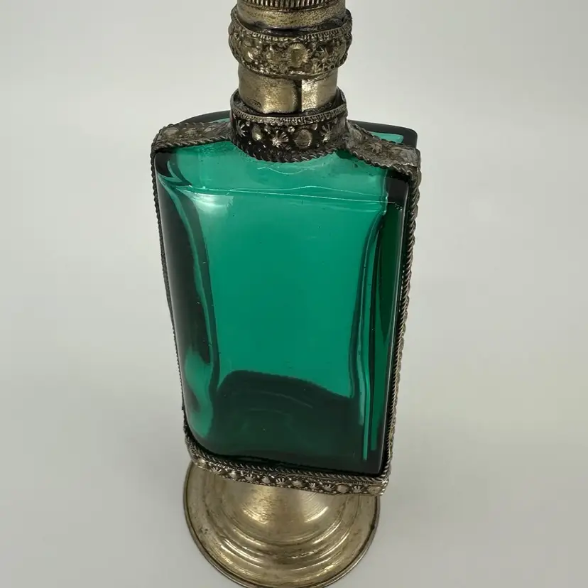 Vintage Moroccan Rose Water Perfume Bottle Green Glass Silver Metal Vanity Shelf