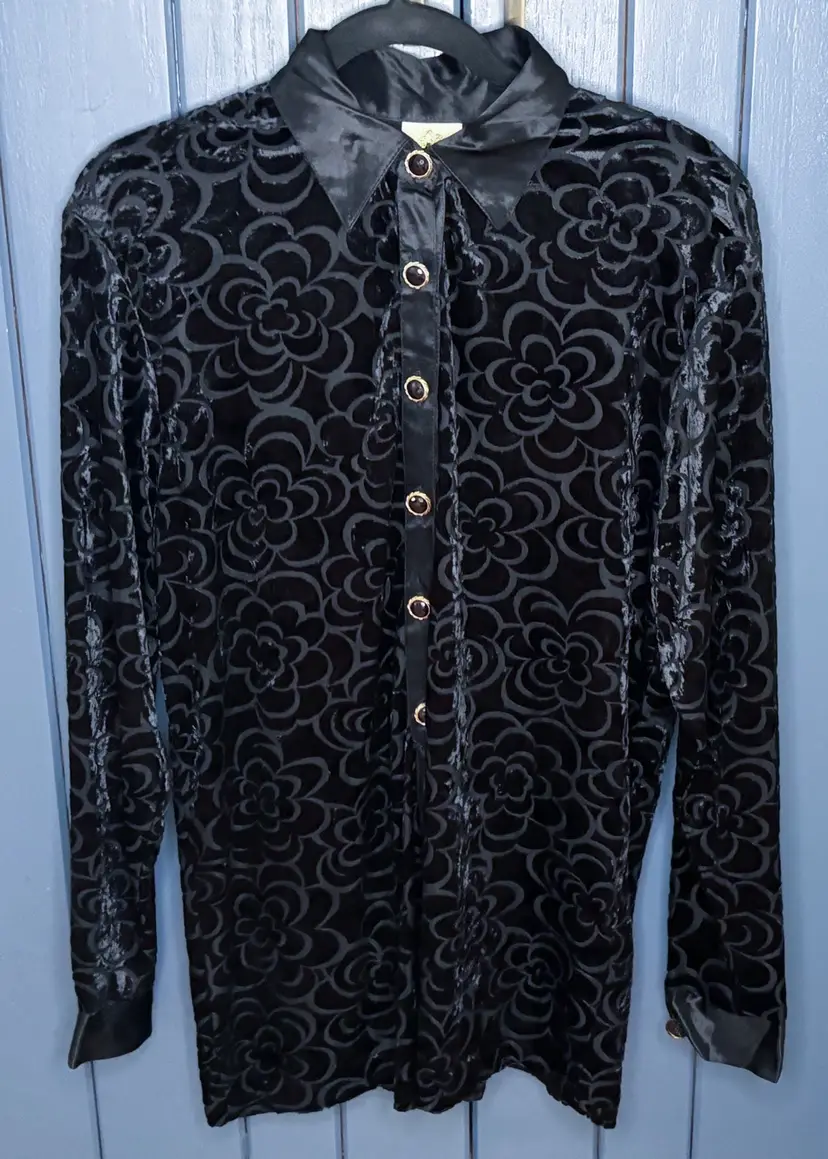 Vintage Floral Velvet Sheer Shirt Blouse Satin Trim XL Whimsigoth Dark Romance