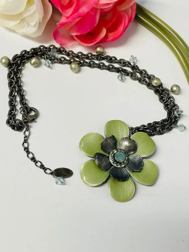 Liz Palacios Green Swarovski Crystals & Enamel with a labradorite stone pendant