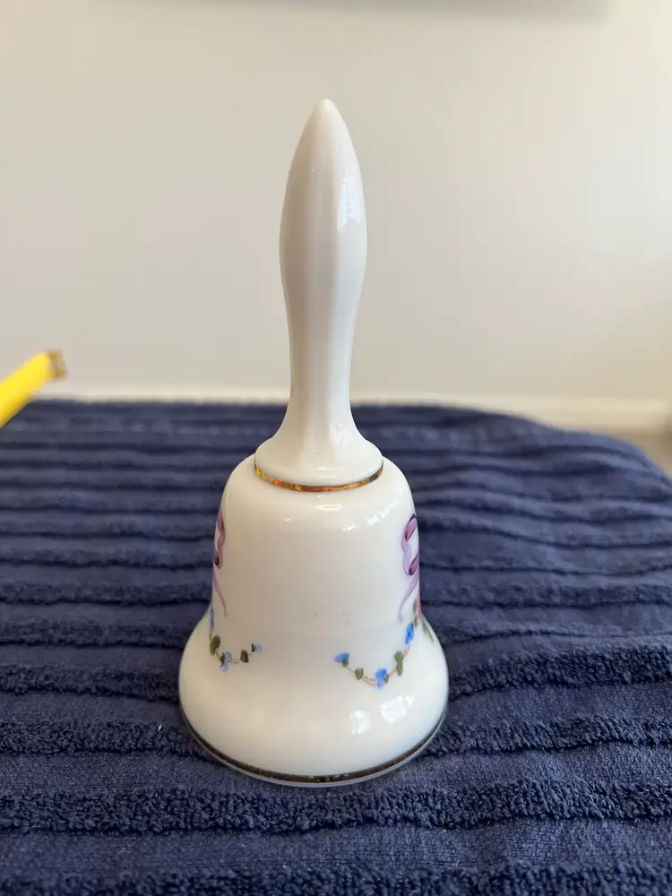 Vtg 1975 Porcelain Bell Hand Painted Floral Gold Trim Crystal Clapper Signed