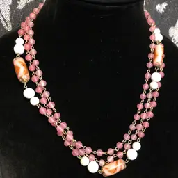 Pink & White Glass Beaded Long Necklace