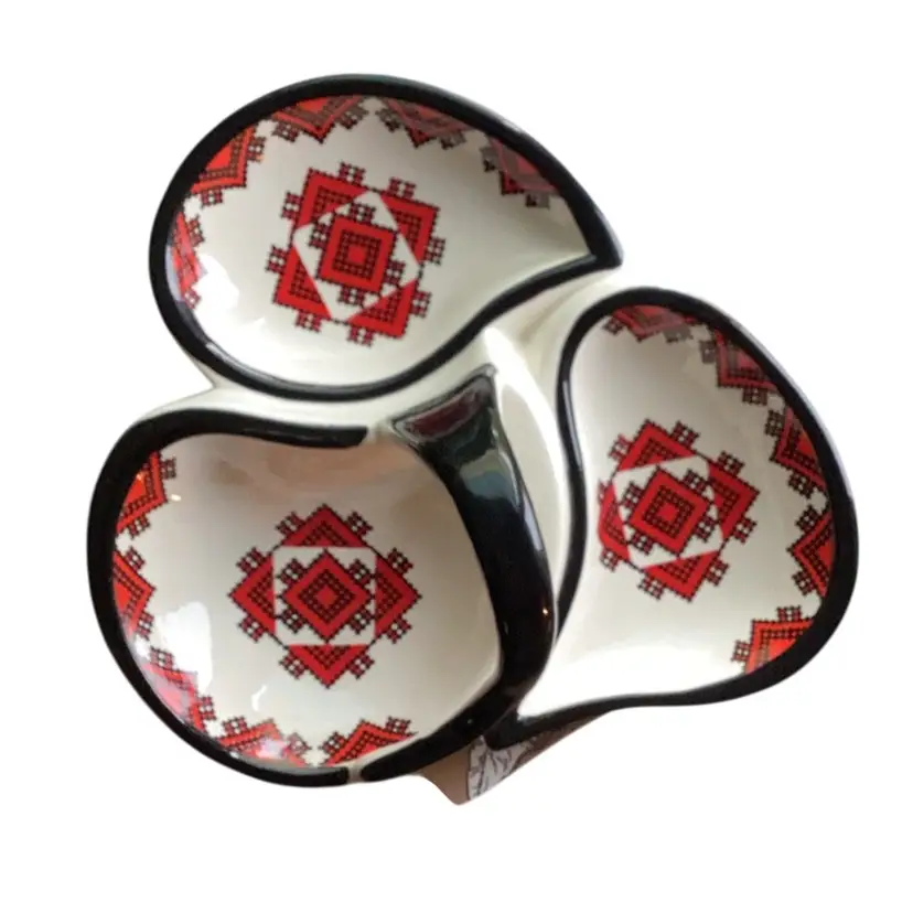 Vintage Ukrainian Ceramic Divided Handled Decor Dish With Applied Red And Black Cross Stitch Pattern 9.25 Inches Diameter