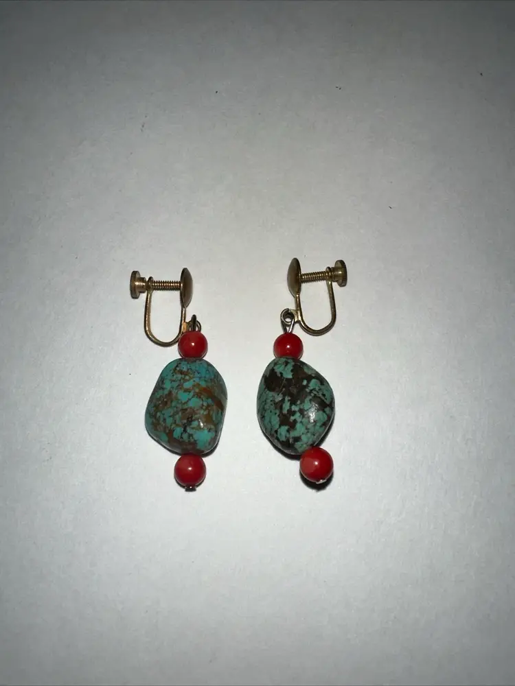 #01 Turquoise And Coral Earrings With Screw Backs