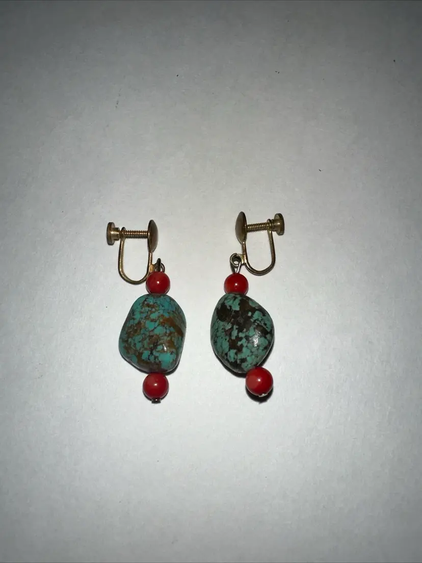#01 Turquoise And Coral Earrings With Screw Backs