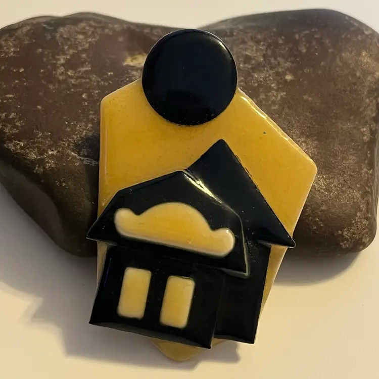 Vtg LUCINDA House Pin Black Yellow Modern Scene Large Sun/Moon Accent 1¾" x 2½"