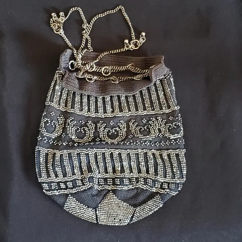 Brutalist Flapper Purse Black with Steel Bead Design & Metal Drawstring Vintage