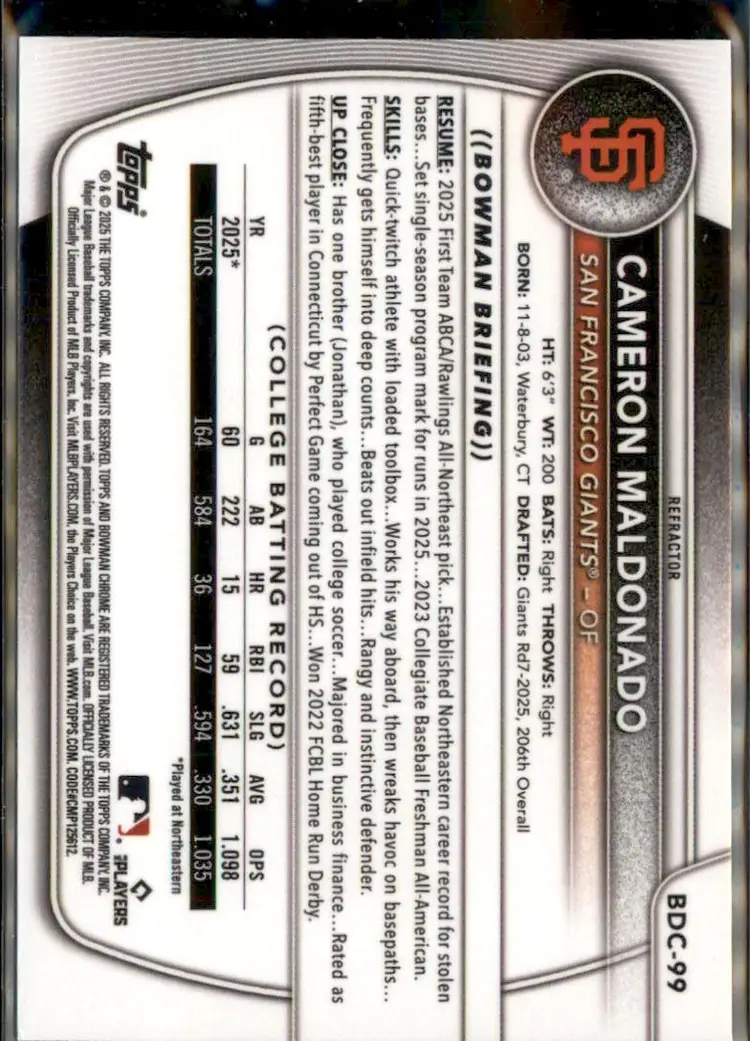 2025 Bowman Draft #BDC-99 Cameron Maldonado Chrome Refractor - (138) - San Francisco Giants