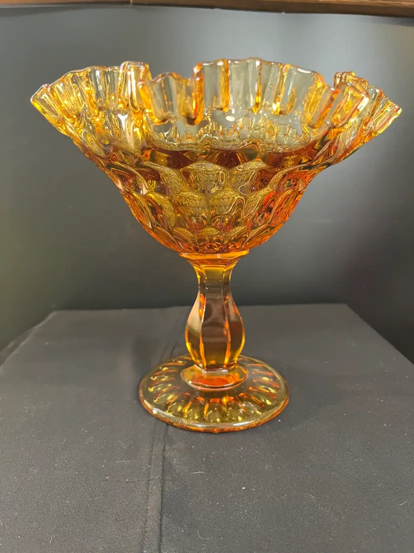 Fenton Amber Thumbprint Pattern-Ruffled Rim w/ Pedestal Compote