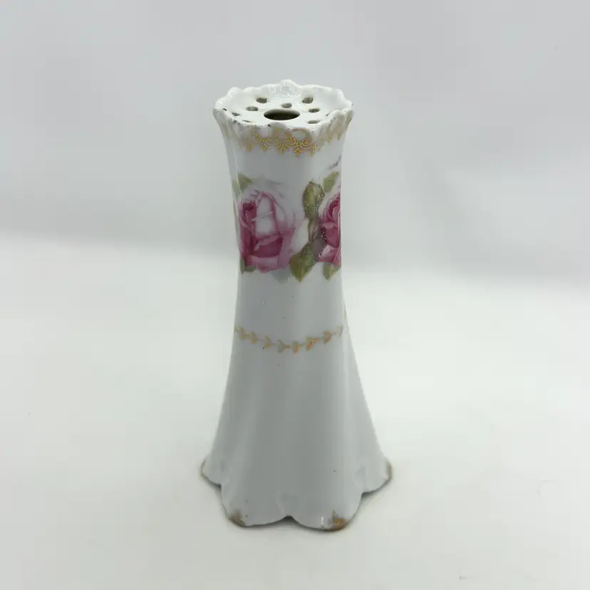 Antique Bavarian Porcelain Hat Pin Holder / Flower Frog: Rose & Gold Victorian Decor (0189-25)