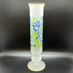 Vintage Frosted Glass Bud Vase 10” W/ Applied Blue Iris Flowers Gold Rim