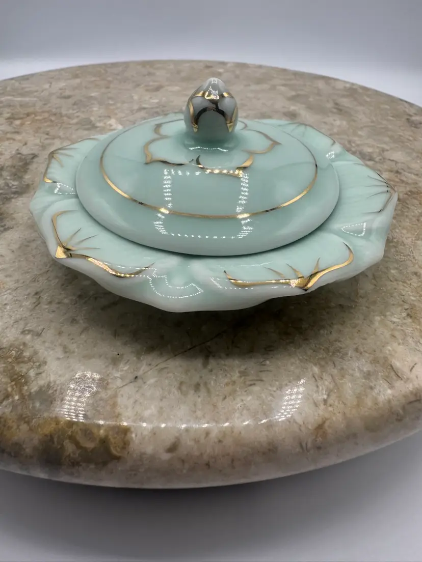 Vintage Celadon  Green With Gold Trim Porcelain Lidded Trinket/ Ring Dish