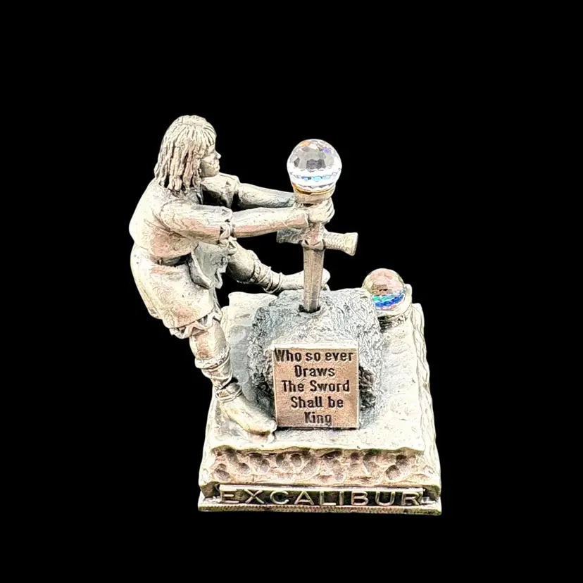 Vintage Pewter Excalibur Figurine With Two Crystal Balls 2.5” Tall x 2” Wide