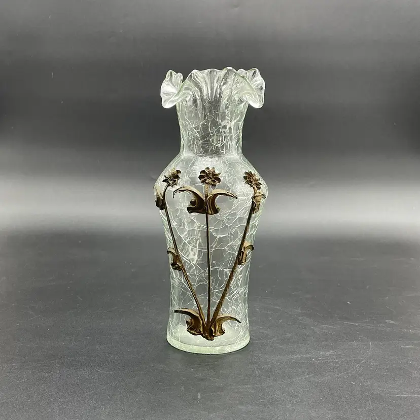 Central Glass Co Ruffled Crackle Vase with Applied Brass Toned Metal Florals VTG