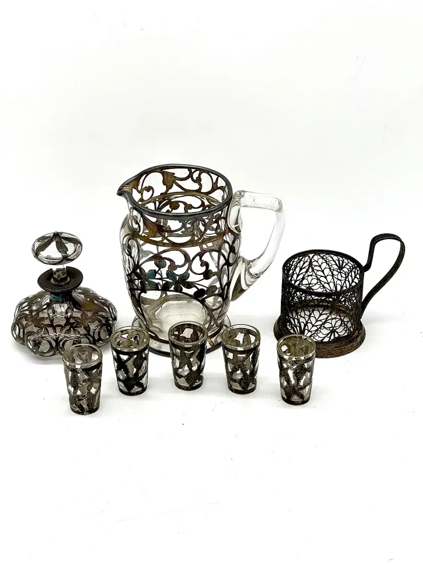 Pitcher Set Art Nouveau Silver Overlay w 4 Glasses Plus One;