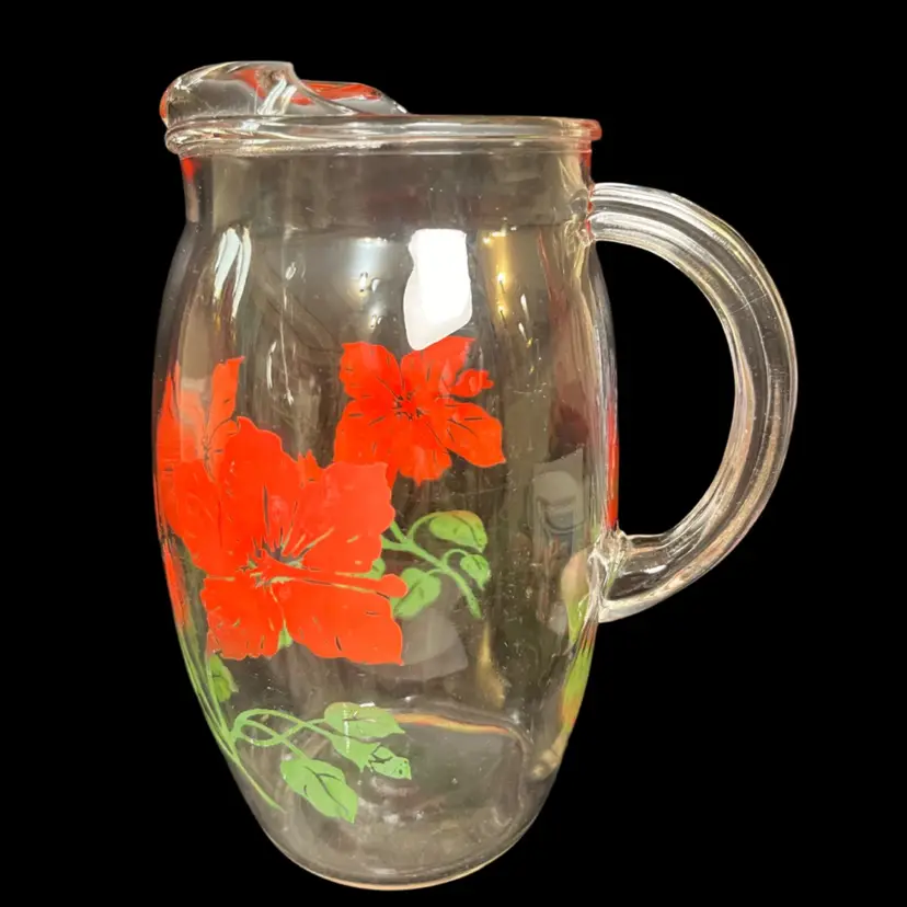 Mid Century Two Quart Glass Pitcher w/ Handle-Red Hibiscus Floral w/ Green Foliage Pattern