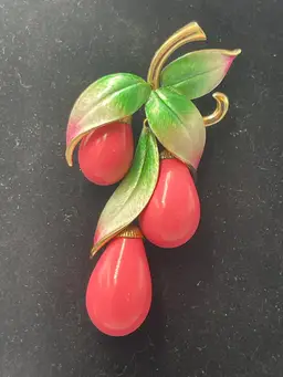 Marvella Pink Dangle Brooch Pin Enamel Leaf Faux Pearl Fruit Flower VTG 3.5”