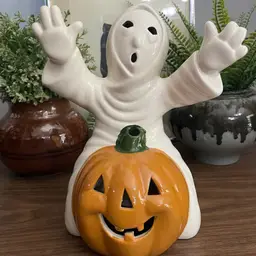 Vintage Spooky Halloween Ghost w/ Fall Pumpkin Jack O Lantern Ceramic Statue