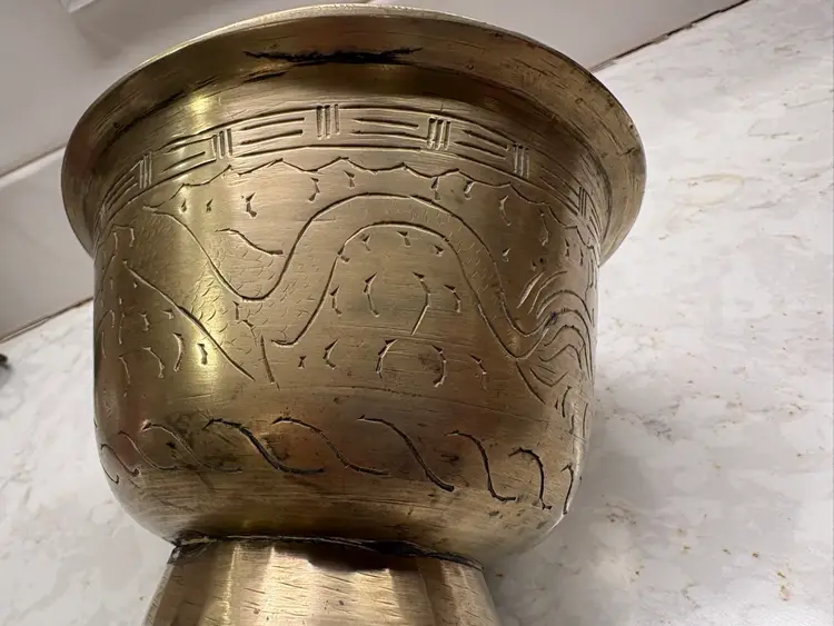 Vintage Chinese Etched Dragon. Solid Brass Footed Bowl. Heavy Art Design Bowl Planter