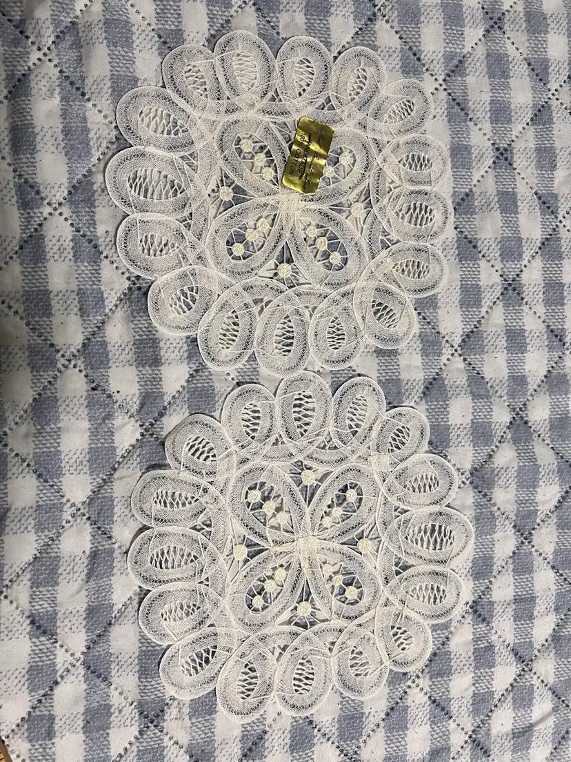 Beautiful Vintage Pair of Fancy Cotton Lace Doilies Hand Made Real Brussels Lace