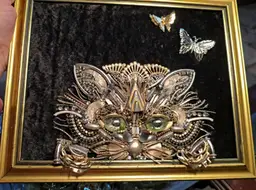Handmade Cat Jewelry Art – Vintage Rhinestone Assemblage in Gold Frame