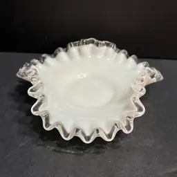 Fenton Ruffled Silver Crest Milk Glass Bonbon Dish *edge glows* ~1.75” x 5.75” x 6”