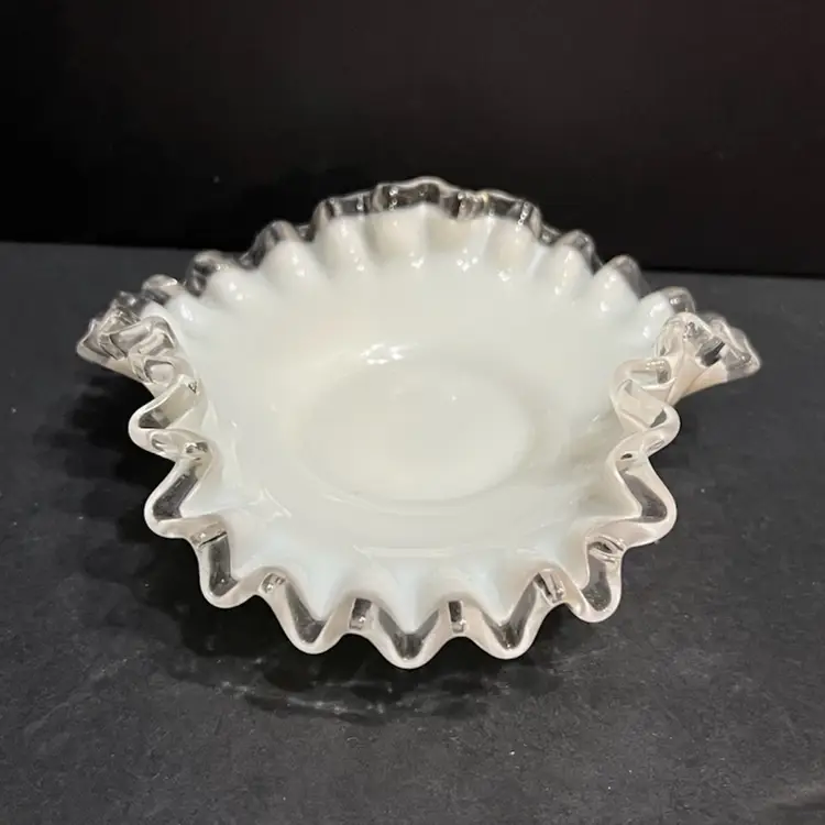 Fenton Ruffled Silver Crest Milk Glass Bonbon Dish *edge glows* ~1.75” x 5.75” x 6”