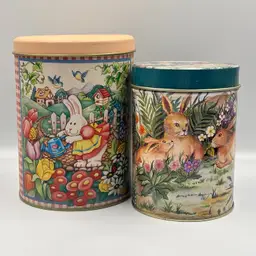 Vintage Easter Metal Canisters Lidded Tins with Bunnies 5”&6”