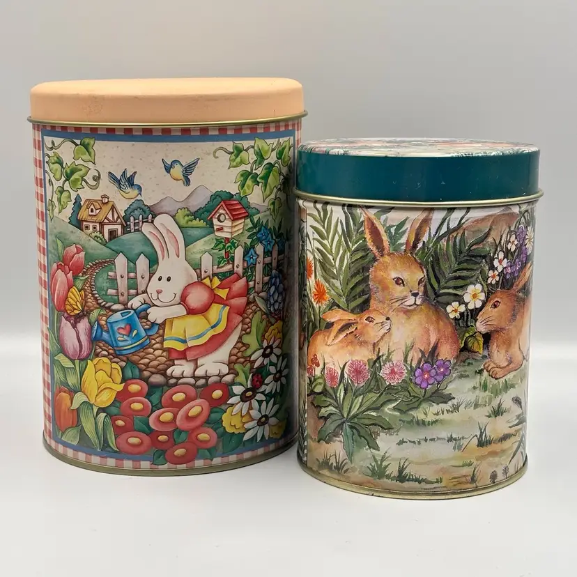 Vintage Easter Metal Canisters Lidded Tins with Bunnies 5”&6”