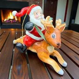 Santa Riding Reindeer Vintage Christmas Ornament Folk Art Paper Mache As Is