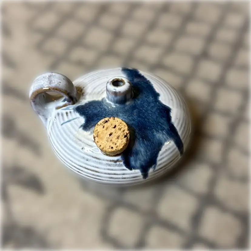 Small Studio Pottery Oil Lamp (Missing Wick) or Weed Pot / Bud Vase with Cork - 4” in diameter and 2” tall