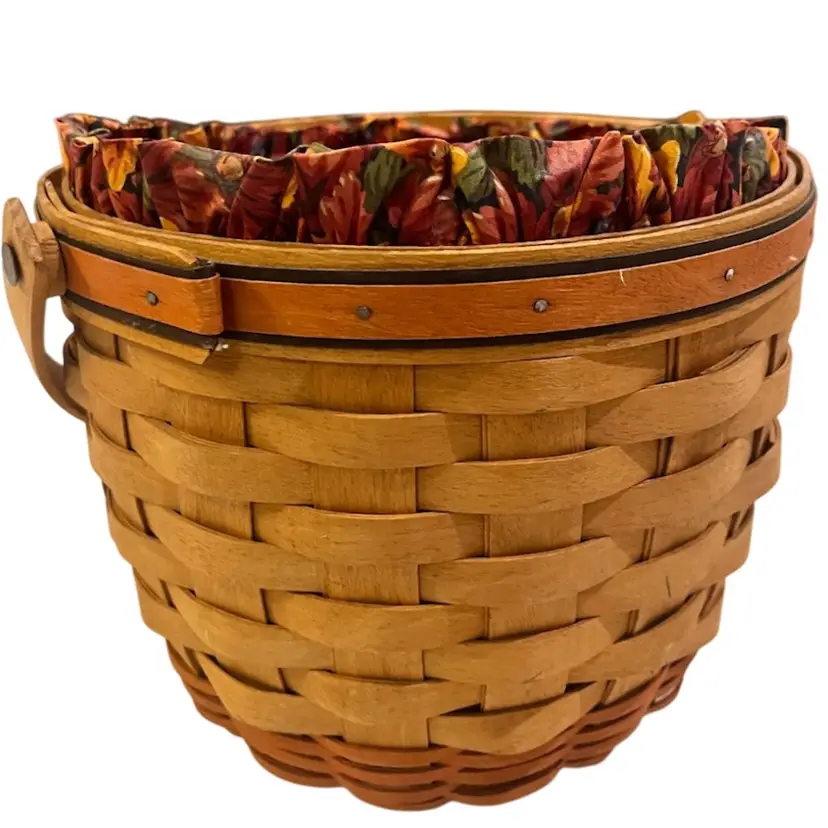 Longaberger - 1995 (First Year) Pumpkin Basket – Medium, 9” Diameter, Fall Floral Liner & Protector- Signed TJB