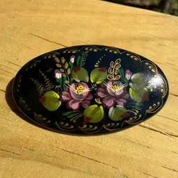 Hand Painted Signed Floral Russian USSR Laquer Oval Brooch 2”