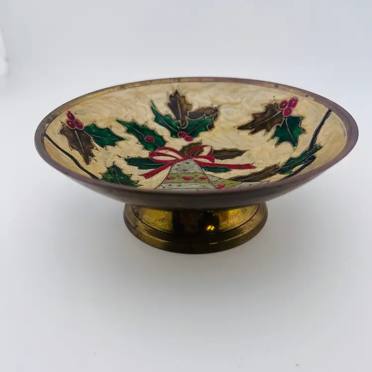 Vintage Brass Enamel Christmas Holly And Bells Pedestal Bowl 2.25”x 6”