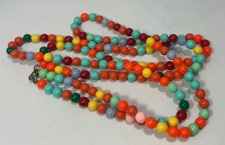 Vintage Opera Style Rainbow Round Plastic Bead Necklace 52"