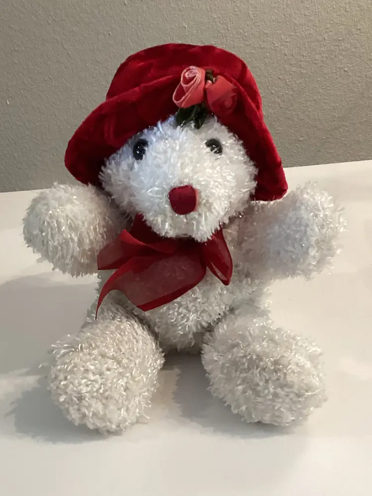 Vintage Dan Dee Red Hat w/Roses White Teddy Bear 8" Plush Stuffed Animal Toy