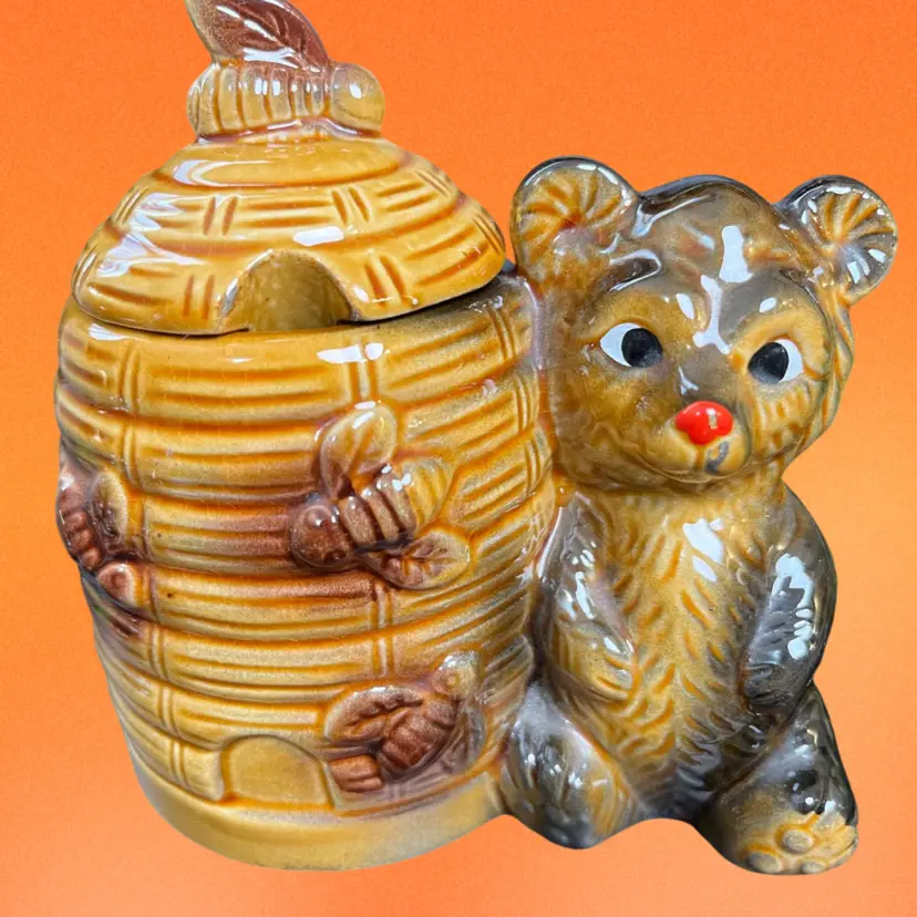Made in Japan-Glazed Ceramic Cross Eyed Bear w/ Bee Hive & Bees Honey Pot