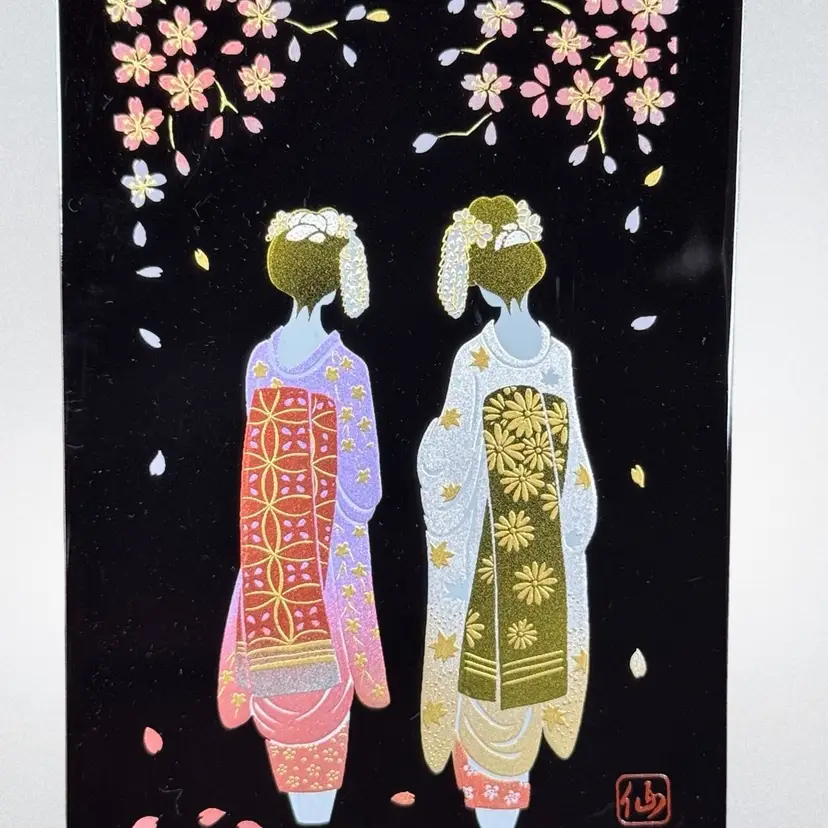Lacquer Art Sasame Sakura Geishas Under Blooming Cherry Blossom Trees-Made in Japan