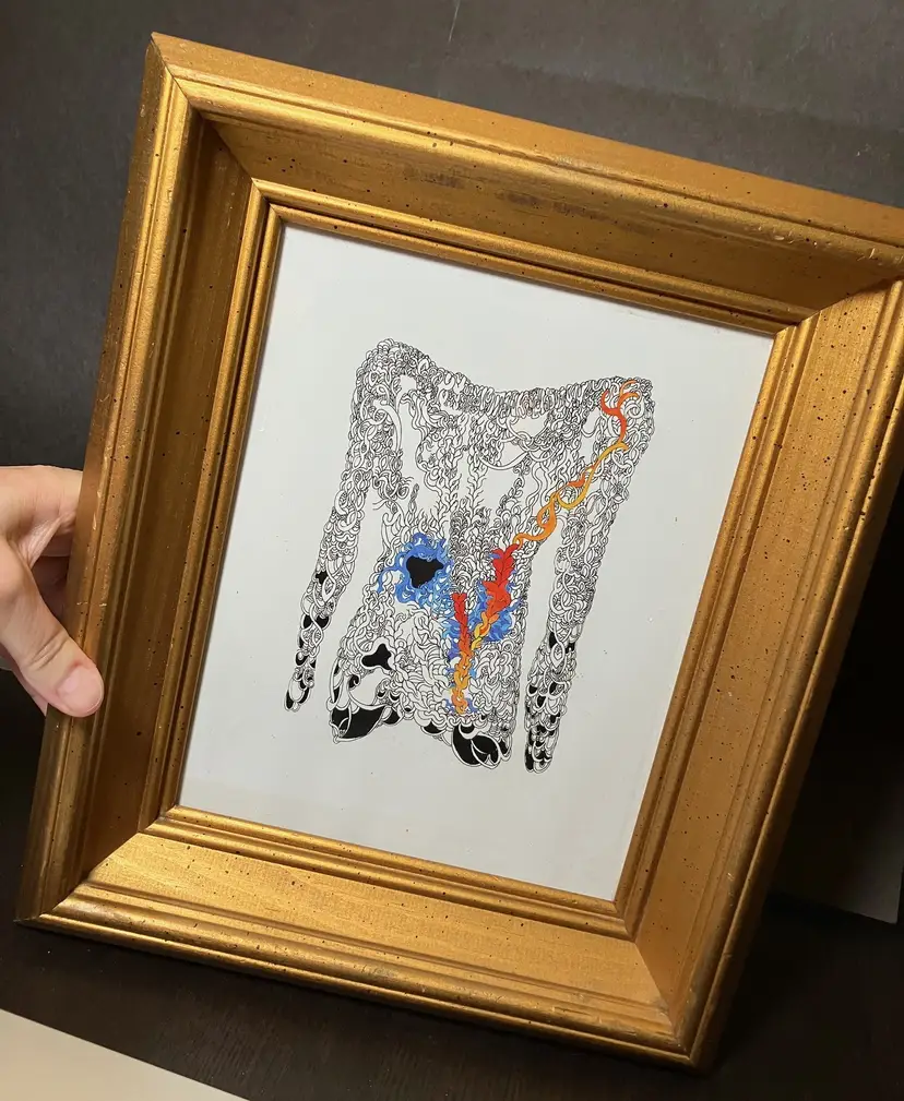 Original Pen and Gouache Print Title "Sweater Maze" Framed