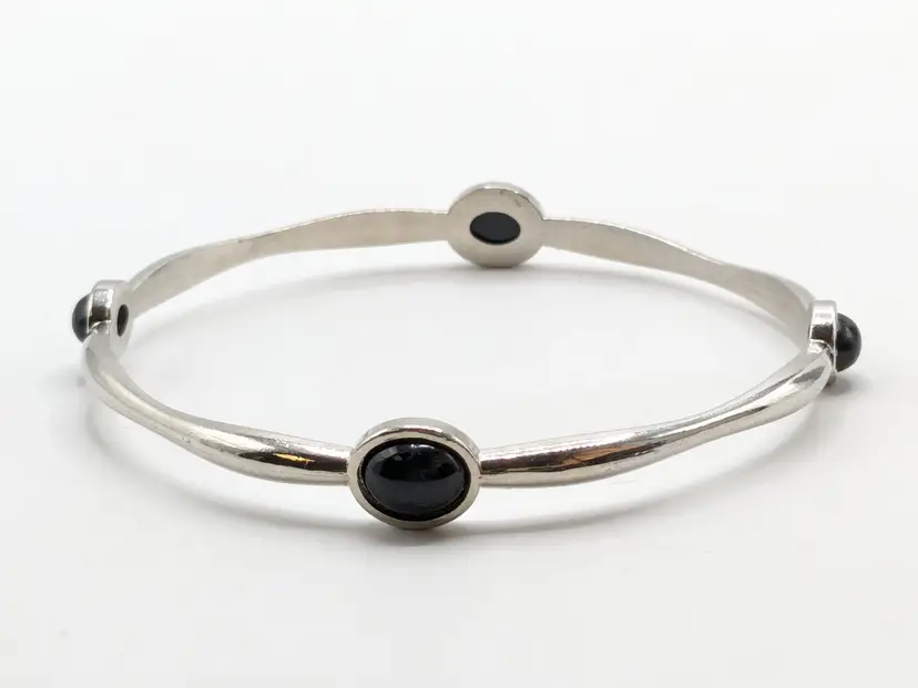 Silver Tone Black Cabochons Bangle Bracelet Large