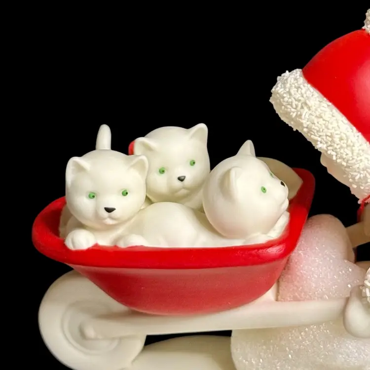 Figurine 2001 Dept 56 Snowbabies "Kitten Courier" With Box #67515  Snowbabie  Pushing Three Kitties In A Red Wheel Barrel Bisque Porcelain NIB
4-1/4” T x 4-3/4” L x 2-1/4” W